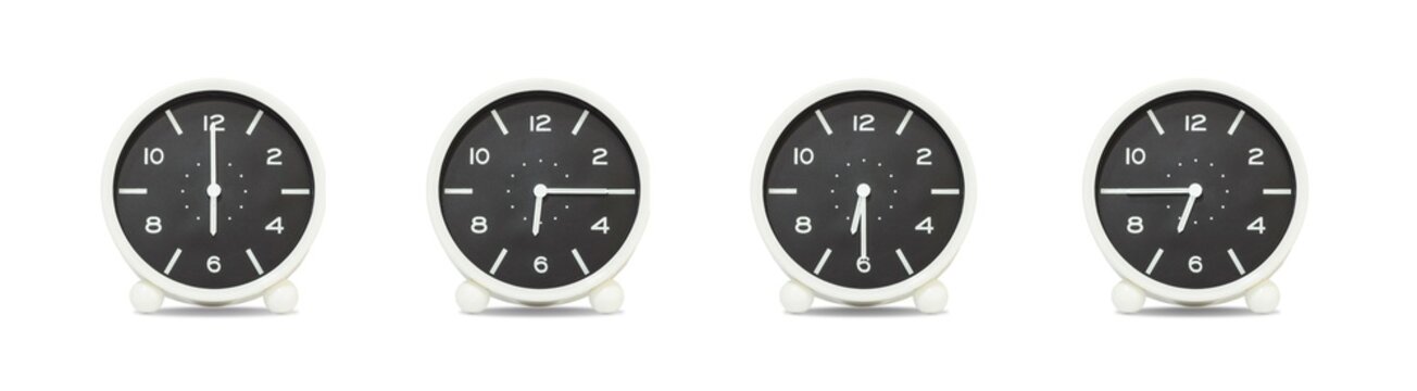 Closeup group of black and white clock with shadow for decorate show the time in 6 , 6:15 , 6:30 , 6:45 a.m. isolated on white background