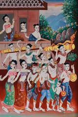 painting of traditional water festival, symbol of Thai culture hobbies, Thai style painting on temple wall, memorial event signature,