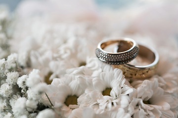 Fototapeta na wymiar Wedding rings on a white flowers pillow. accessories wedding closeup. selective focus