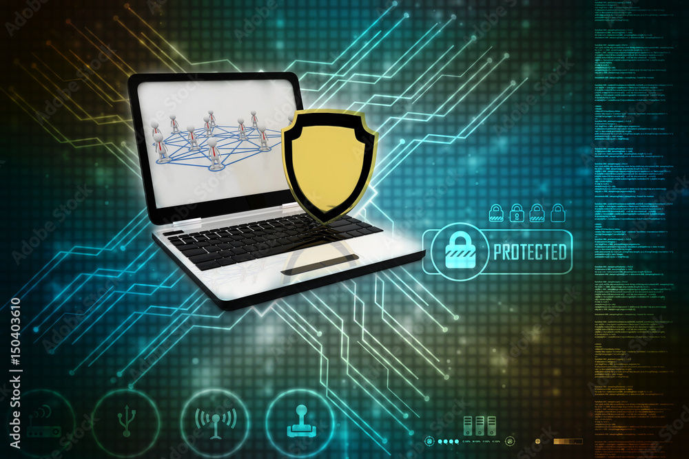 Poster laptop with shield. isolated 3d rendering image
