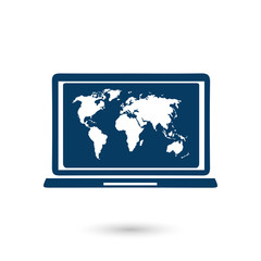 Laptop and world map illustration. World map geography symbol.  Flat design style. 