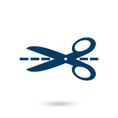 Scissors with-cut lines icon. Badge place of cutting.