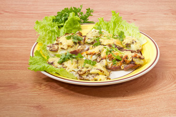 Pork chops baked with onion, mushrooms and cheese on dish
