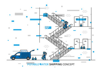 Potable water shipping vector illustration. Workers carry drinking water bottles to customer apartments. Water delivery graphic design with decorative colorful elements.
