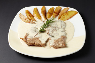 Beef in cognac sauce. Italian style. Italian food. Italian cuisine.
