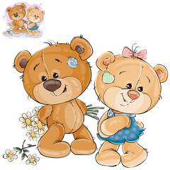 Obraz premium Vector illustration of a teddy bear hides behind back a bouquet of flowers and does not dare to give them to her girlfriend. Template for greeting card with Valentines day
