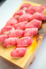 Fresh Otoro from Blue Fin Tuna Cutting Ceremony - The Japanese celebration with master chef show sliced very huge blue fin tuna to the guest