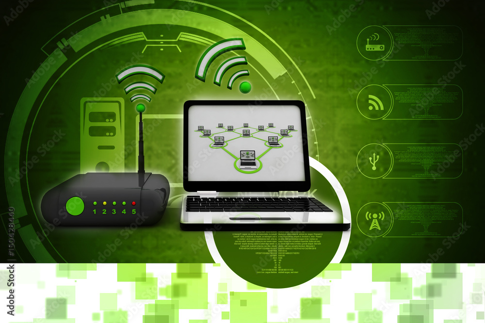 Poster 3d rendering transmitter wi-fi modem with laptop