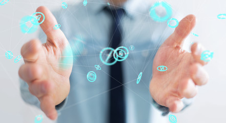 Businessman using flying network connection interface 3D rendering