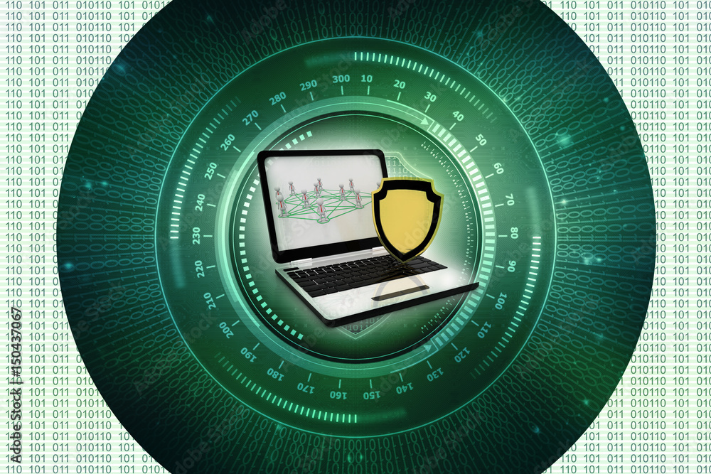 Poster laptop with shield. isolated 3d rendering image
