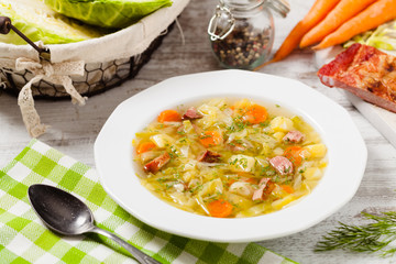 Homemade cabbage soup, cooked on smoked ribs.