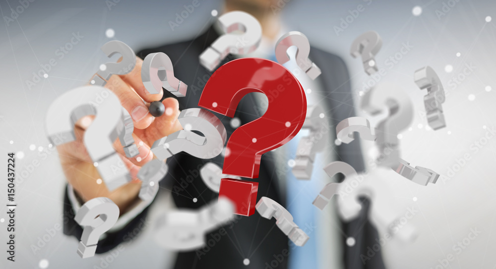 Poster businessman using 3d rendering question marks