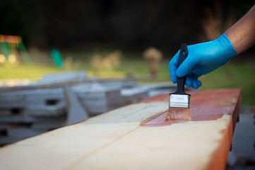 Hand applying copper based preservative on wood to prevent insect attack and fungal decay. Wood preservation from weathering, wood staining, carpentry.