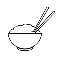 bowl of rice and chopsticks cooked dinner asian line vector illustration