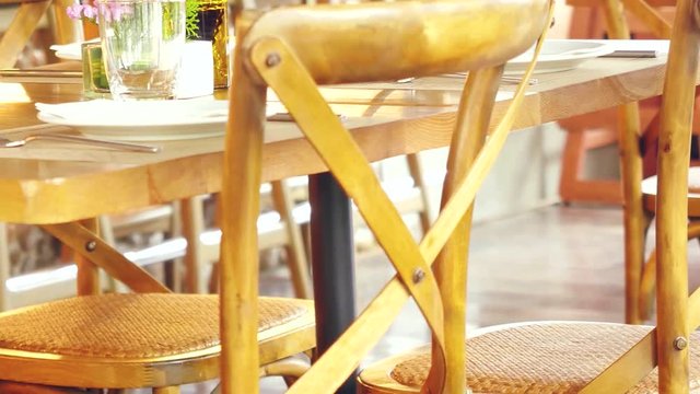 Empty served tables in a restaurant. 3840x2160