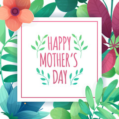 Template design banner for happy mother's day. Square poster for mom holiday with flower decoration.  Square layout on natural, floral background. Vector.