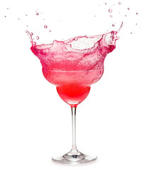 frozen strawberry cocktail splashing on white background