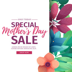 Template design discount banner for happy mother's day. Square poster for special mother's day sale with flower decoration.  Square layout on natural, floral background. Vector.