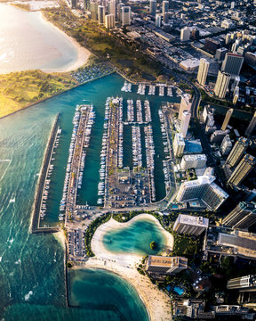 Aerial view of Ala Wai Harbor and cityscape