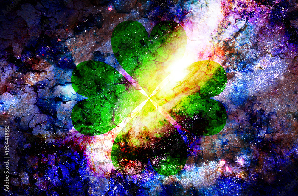 Poster four-leaf clover from heart and color cosmic abstract background and crackle effect.