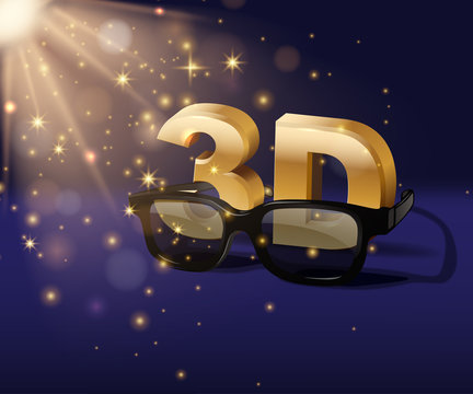 3D symbol with three dimensional glasses  isolated on blue magic background. Vector cinema poster template.