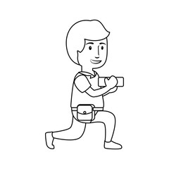 construction worker holding a brick, cartoon icon over white background. vector illustration