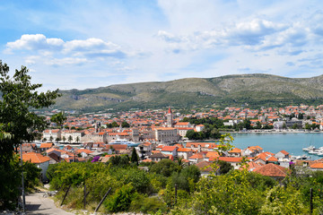 Fototapeta na wymiar View from a nearby hill of the old town of Trogir on the Adriatic Sea in Croatia