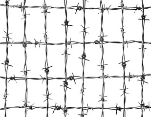 Narrow crossed barbed wire isolated against the white backgound