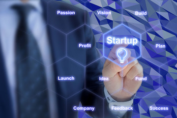 Businessman touches startup hexagon grid