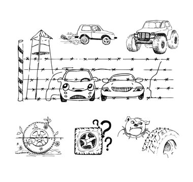 Funny sketches about cars and their accessories