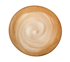 Top view hot coffee latte cappuccino spiral isolated on white background, clipping path included