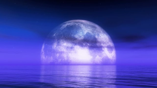 4k timelapse full moon rises from the water,reflect on the sea,Science Fiction Scene,purple cloud & smoke flying.