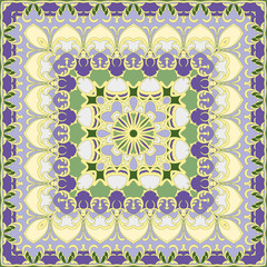 Lilac and yellow colored handkerchief. A vivid Oriental pattern square shape for a scarf. Vector illustration.