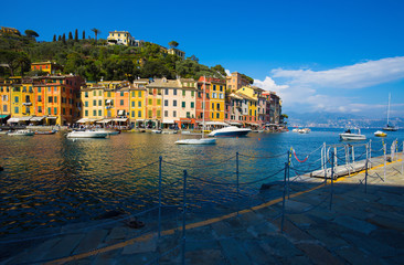 PORTOFINO, ITALY, APRIL 8, 2017 - View of Portofino, an Italian fishing village, Genoa province, Italy. A tourist place with a picturesque harbour and colorful houses