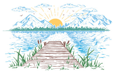 Rising sun on the lake, landscape with a bridge. Hand-drawn vintage illustration. Sketch in the open air isolated on white background