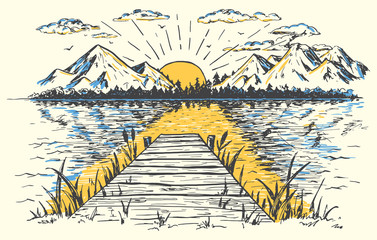 Obraz premium Rising sun on the lake, landscape with a bridge. Hand-drawn vintage illustration. Sketch in retro style