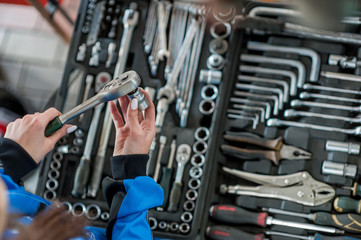 Fototapeta na wymiar Keys for car repair in a car workshop