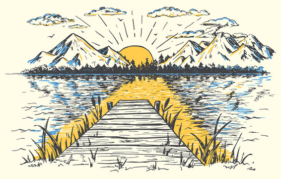 Rising sun on the lake, landscape with a bridge. Hand-drawn vintage illustration. Sketch in retro style