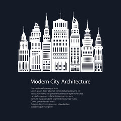 White Silhouette Modern Big City on Black Background and Text, Poster Architecture Megapolis with Buildings and Skyscraper, City Financial Center ,Flyer Brochure Design, Vector Illustration
