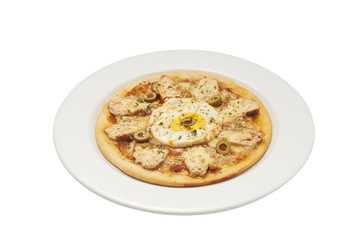 Isolate and clipping path of pizza with chicken and egg.