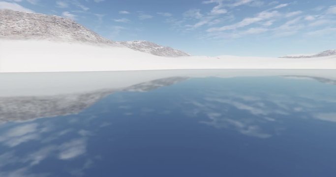 4k clouds mass rolling over clam lake surface & snow mountain,lake like mirror.