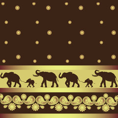 Elephants in the Golden ornament. The background is dark brown. Indian motifs. Design for greeting card, banner, poster, tapestry, printing on fabric or paper.