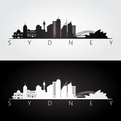 Fototapeta premium Sylwetka Sydney i zabytków, czarno-biały design.