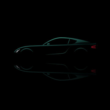 Green sport car silhouette with reflection on black background. 