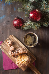 Traditional German dessert. Sweet ball. Dark wood background. Top view