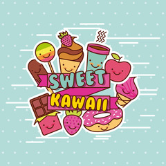 sweet kawaii lettering food with background colorful image vector illustration design 