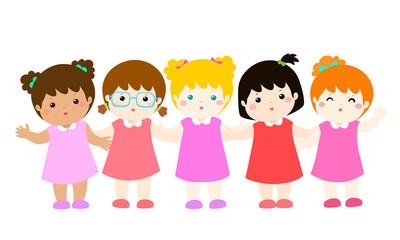 Variety nationality cartoon character girl vector set.
