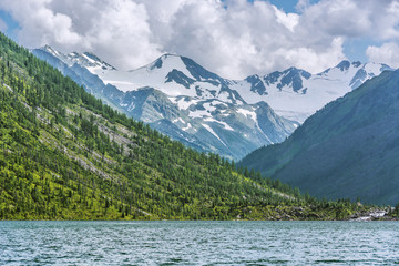 Picturesque landscape with snow-capped mountain peaks and a lake