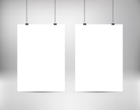 Empty white vector poster templates. Poster mock up. Template of two white blank vector posters. Set of mockups hanging on wall. Frames for paper sheet. Stock vector. 