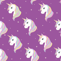 Unicorn seamless pattern. Unicorns with rainbow mane and horn on flat purple background with stars. Vector illustration. Cute magic fantasy wallpaper with white unicorn head.